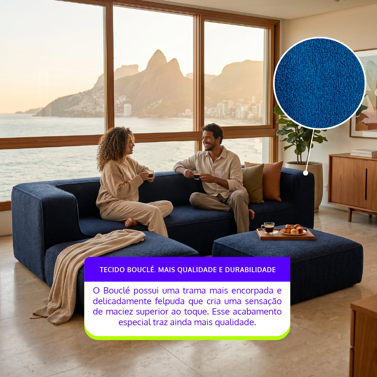 Sofá Modular Flow 3 Lugares 2 Cantos com 2 Apoios de Pé em Boucle Azul Marinho