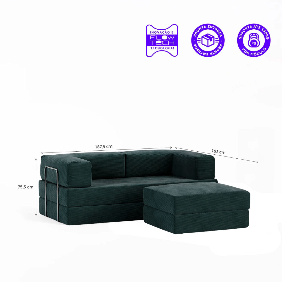 Sofá-Cama Flowin Cotelê com Apoio de Pé - Verde Musgo