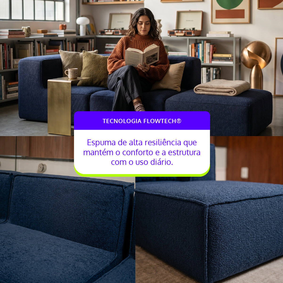Sofá Modular Flow 2 Lugares 1 Canto com 1 Apoio de Pé em Boucle Azul Marinho