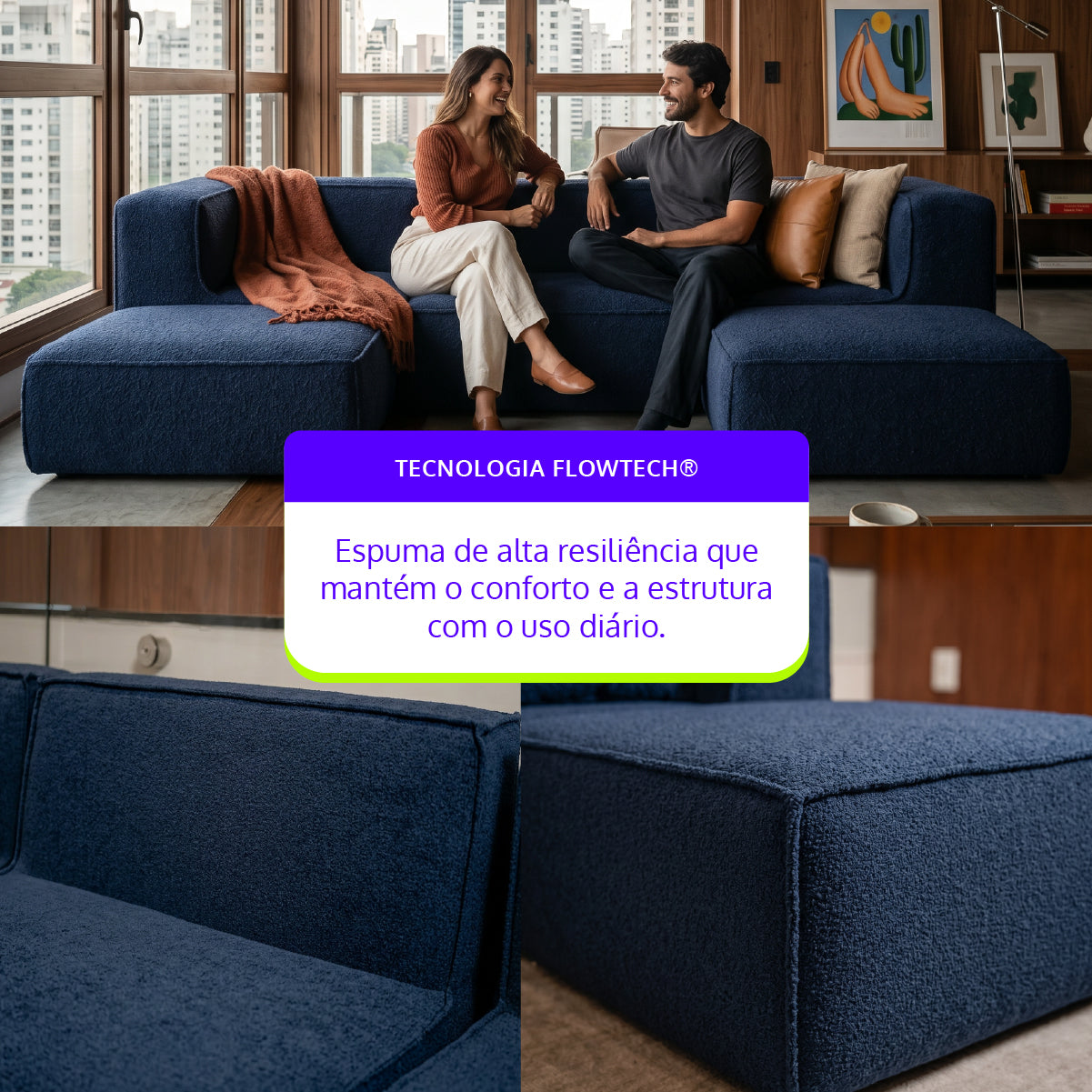 Sofá Modular Flow 3 Lugares 2 Cantos com 2 Apoios de Pé em Boucle Azul Marinho