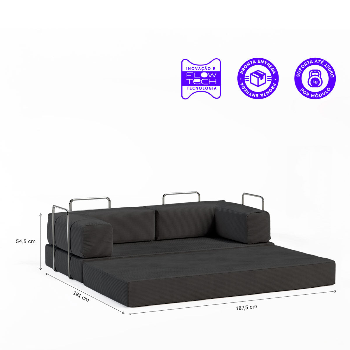 Sofá Cama Flowin em Cotelê - Cinza Grafite