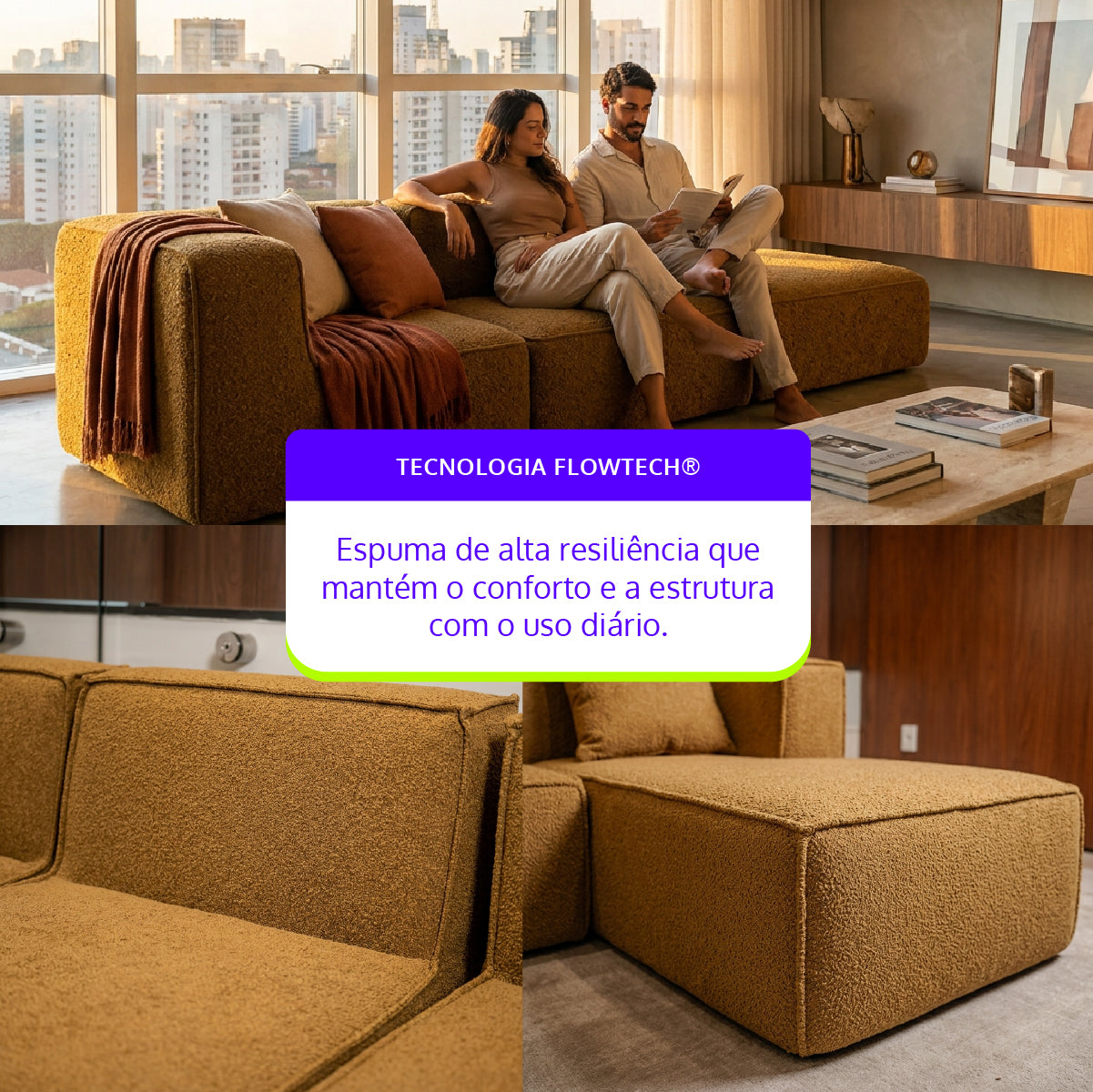 Sofá Modular Flow 2 Lugares 1 Canto com 1 Apoio de Pé em Boucle Plus Mostarda
