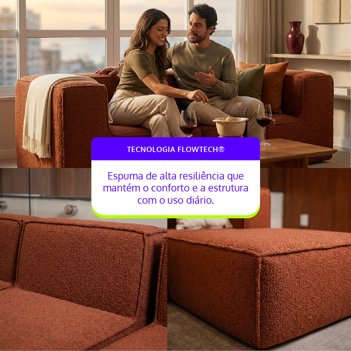 Sofá Modular Flow 2 Lugares 2 Cantos em Boucle Plus Terracota
