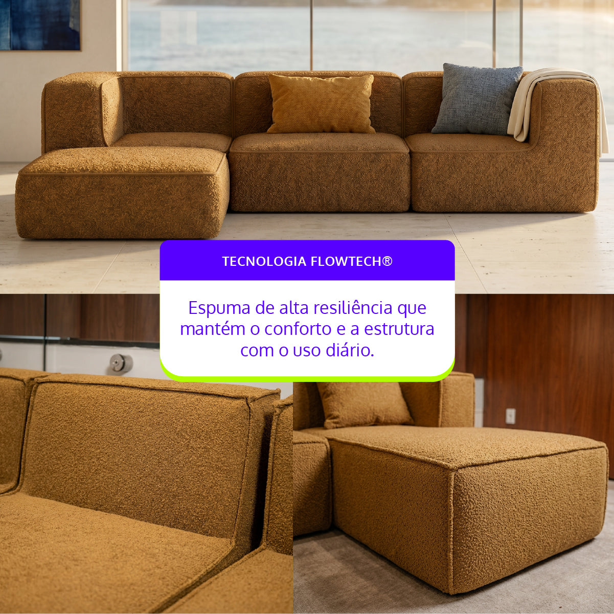 Sofá Modular Flow 3 Lugares 2 Cantos com 1 Apoio de Pé em Boucle Plus Mostarda
