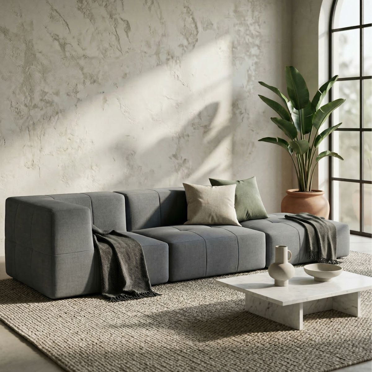 Sofá modular boucle cinza grafite em sala de estar