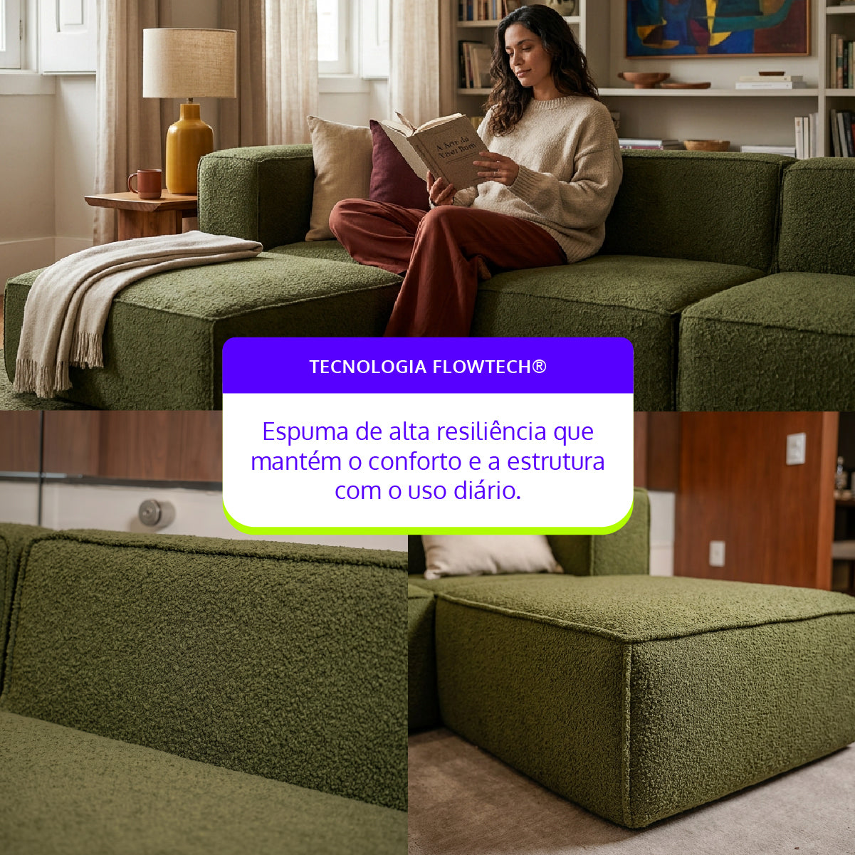 Sofá Modular Flow 3 Lugares 2 Cantos com 1 Apoio de Pé em Boucle Plus Green