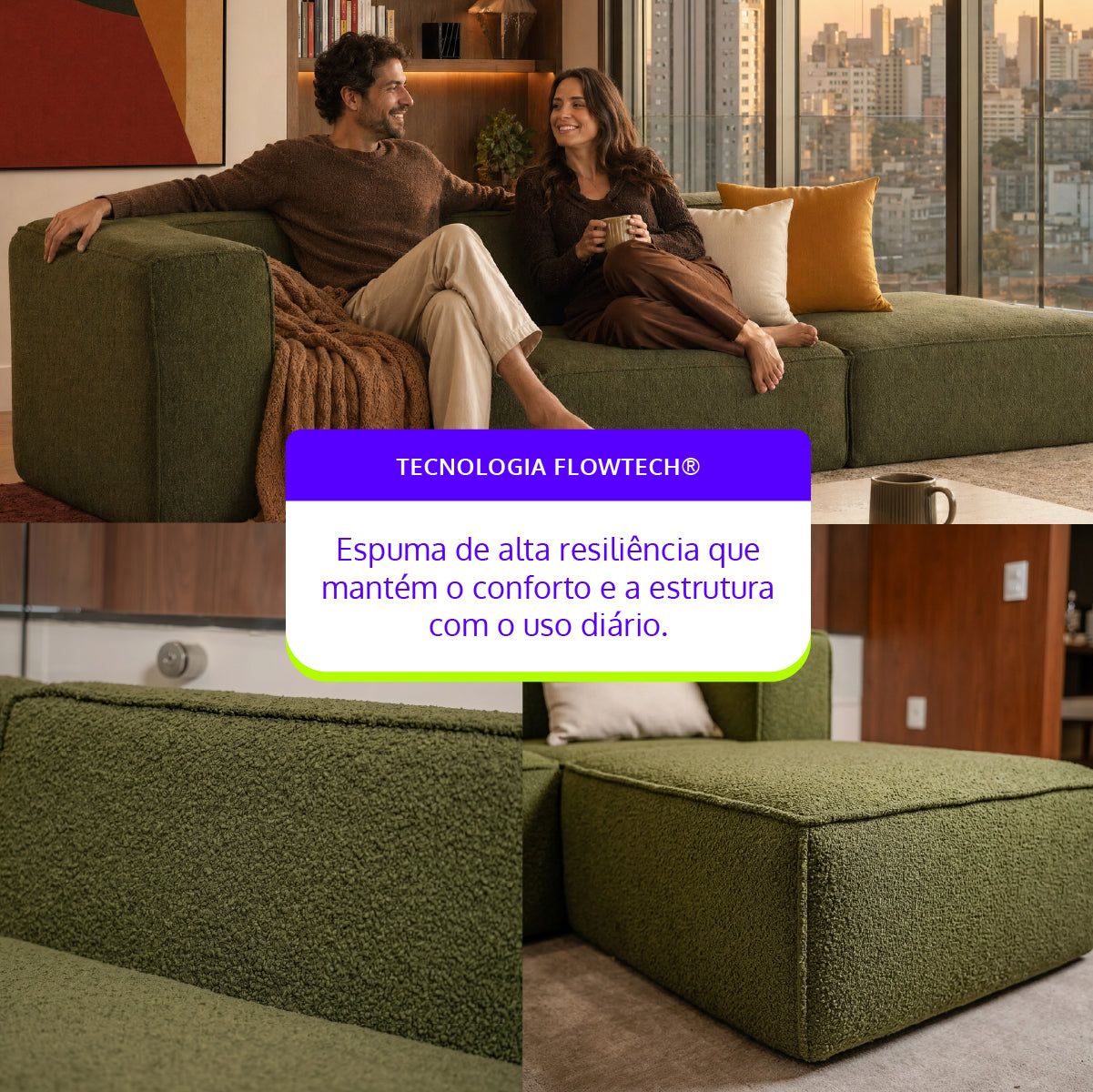 Sofá Modular Flow 2 Lugares 1 Canto com 1 Apoio de Pé em Boucle Plus Green