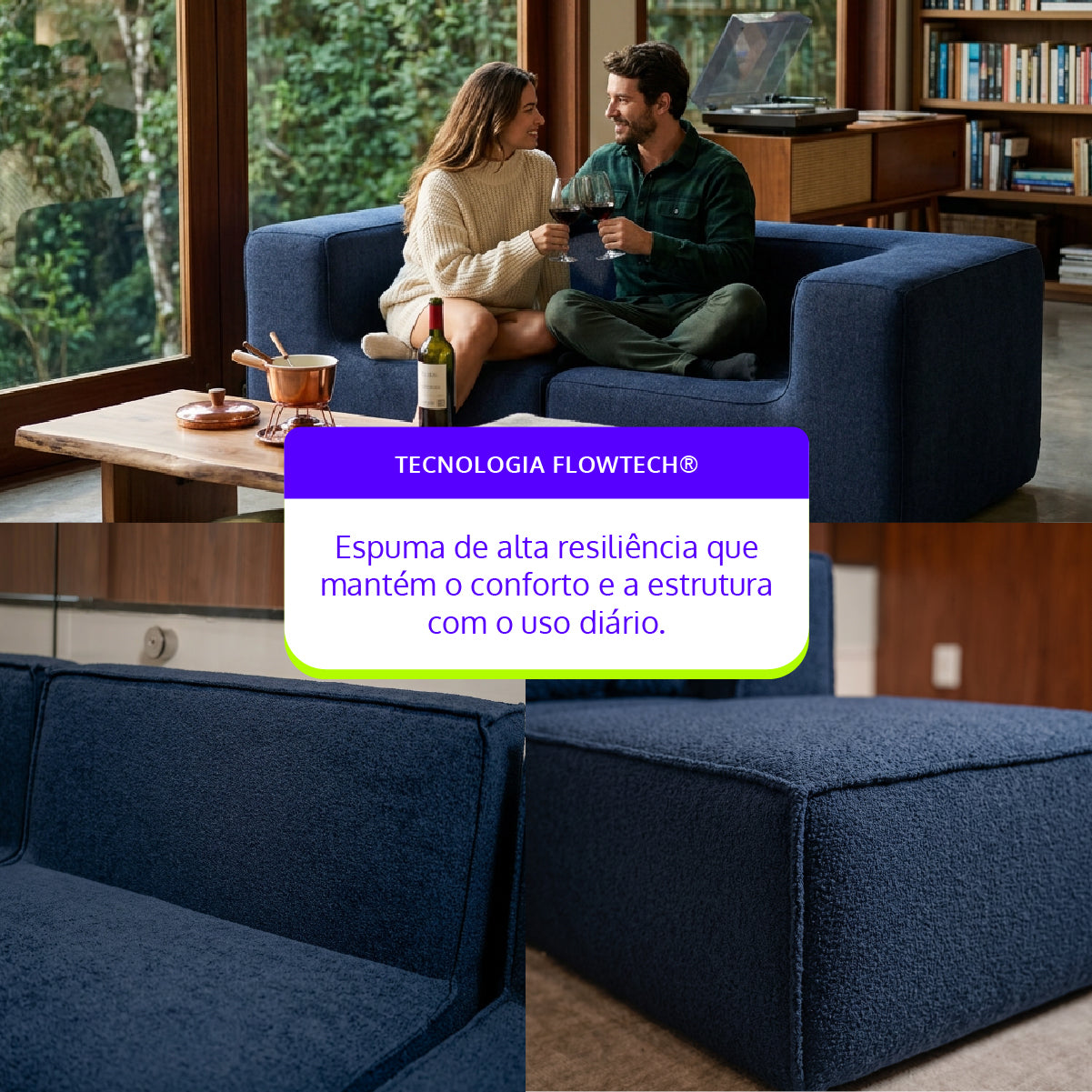 Sofá Modular Flow 2 Lugares 2 Cantos em Boucle Azul Marinho