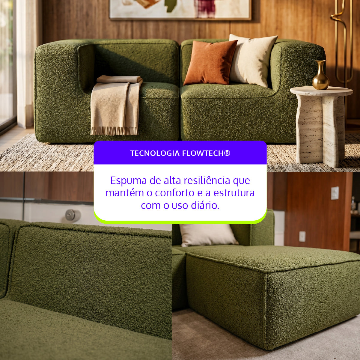 Sofá Modular Flow 2 Lugares 2 Cantos em Boucle Plus Green
