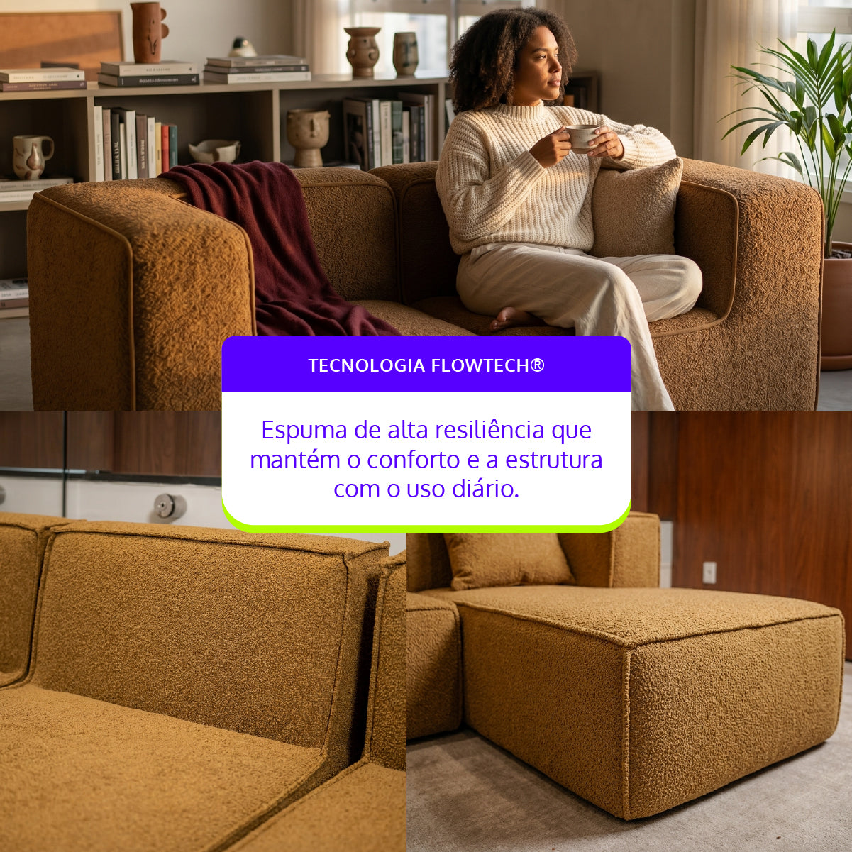 Sofá Modular Flow 2 Lugares 2 Cantos em Boucle Plus Mostarda