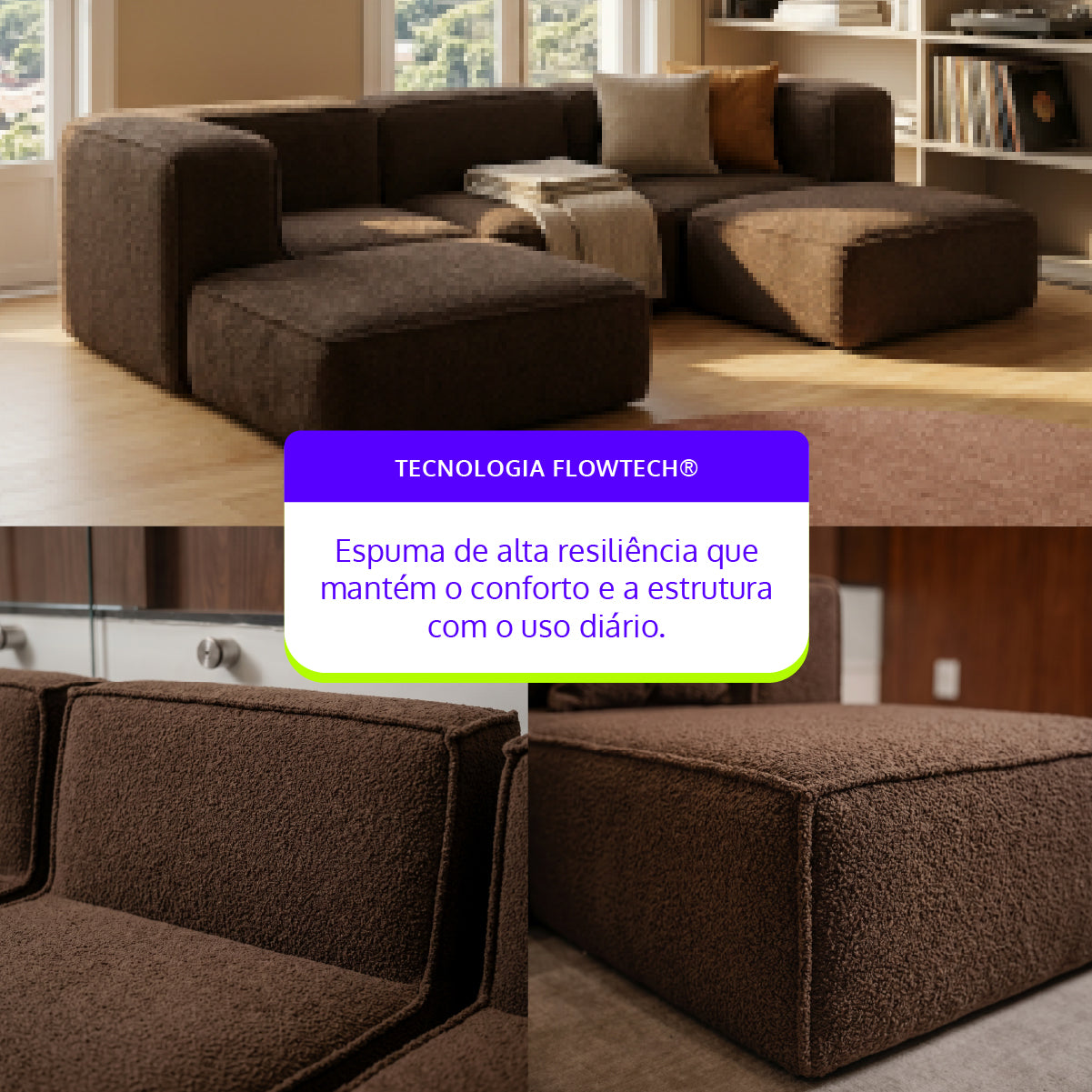 Sofá Modular Flow 3 Lugares 2 Cantos com 2 Apoios de Pé em Boucle Plus Marrom