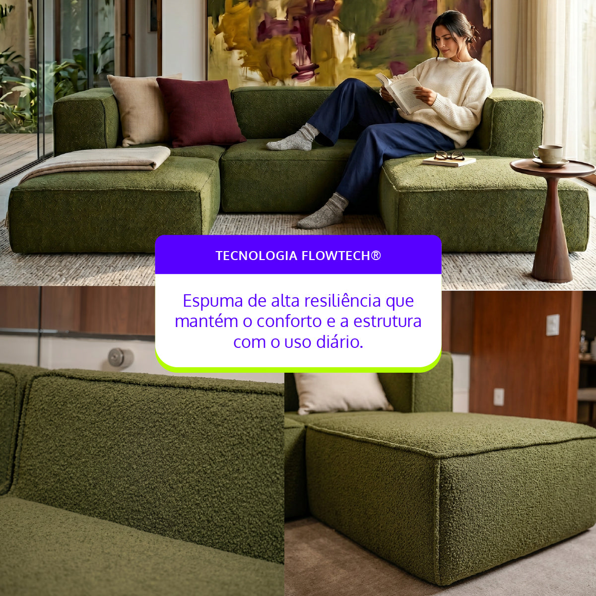 Sofá Modular Flow 3 Lugares 2 Cantos com 2 Apoios de Pé em Boucle Plus Green