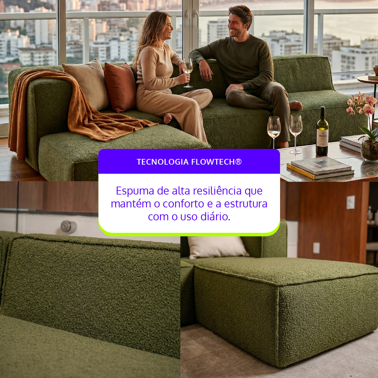 Sofá Modular Flow 3 Lugares  1 Canto com 1 Apoio de Pé em Boucle Plus Green