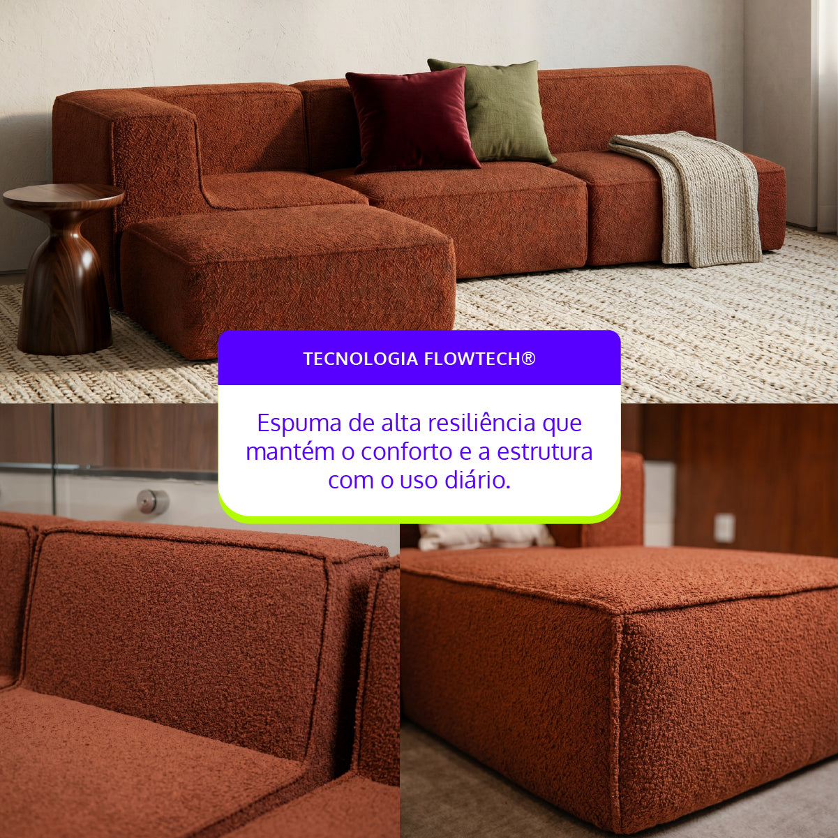 Sofá Modular Flow 3 Lugares 1 Canto com 1 Apoio de Pé em Boucle Plus Terracota