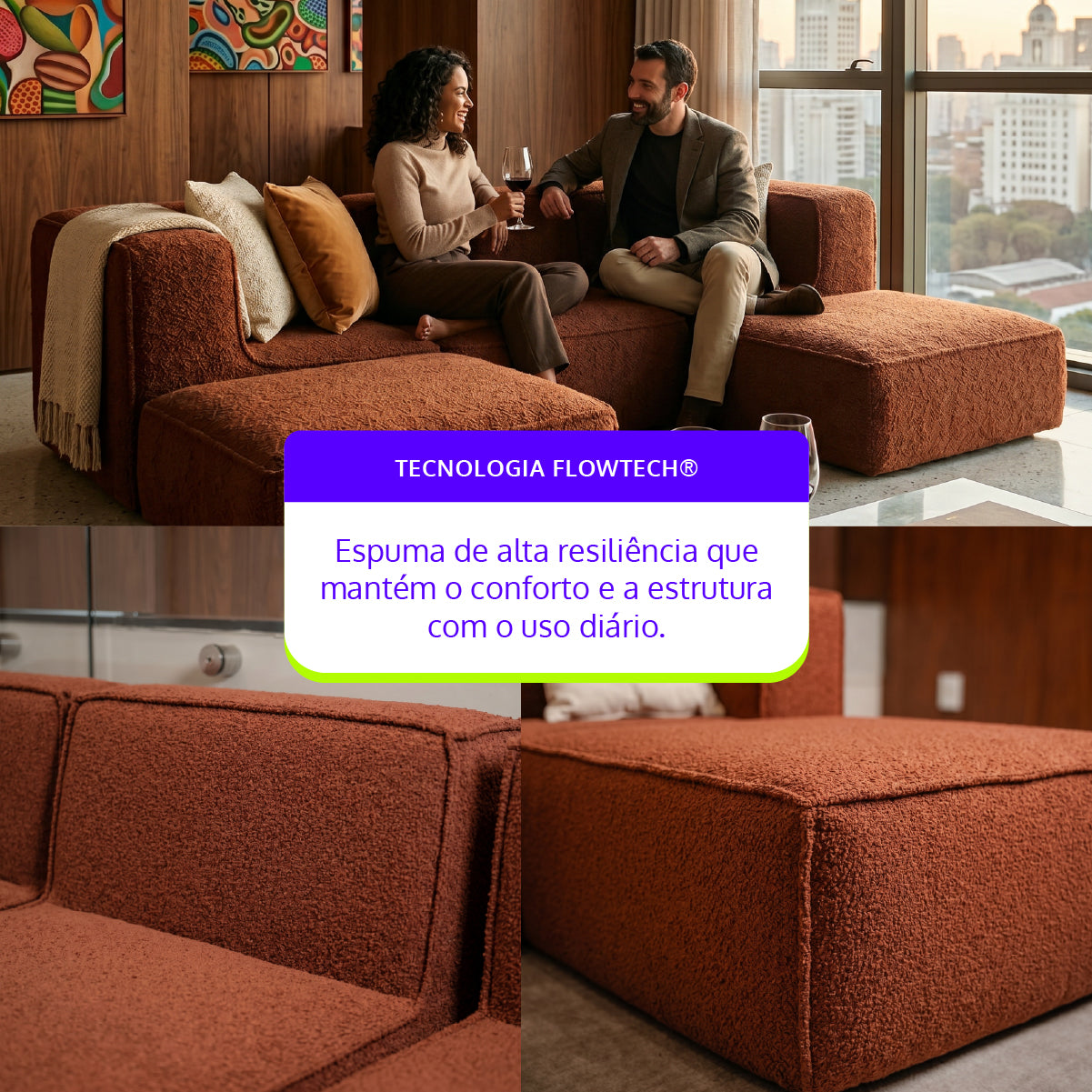 Sofá Modular Flow 3 Lugares 2 Cantos com 2 Apoios de Pé em Boucle Plus Terracota