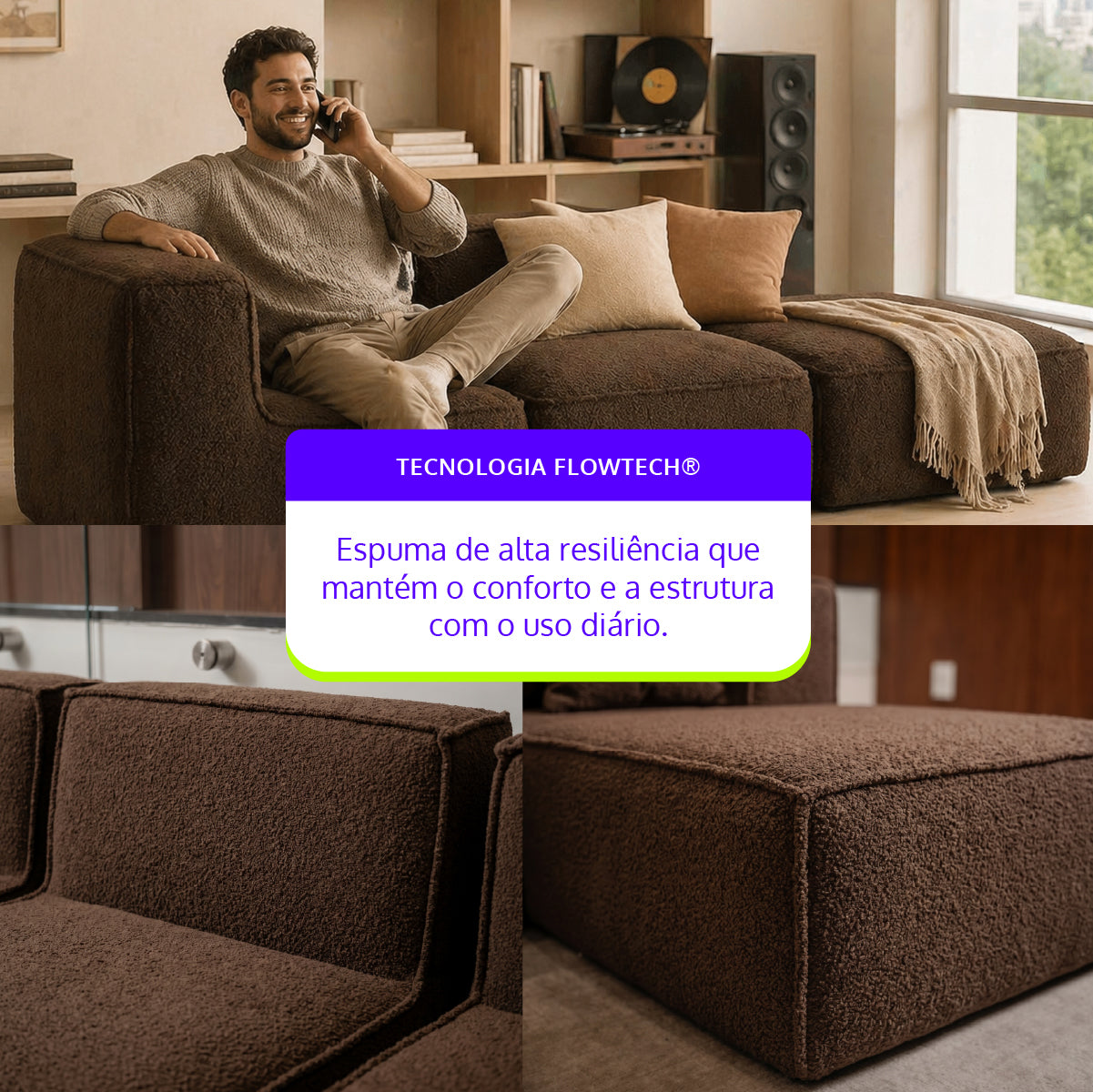 Sofá Modular Flow 2 Lugares 1 Canto com 1 Apoio de Pé em Boucle Plus Marrom