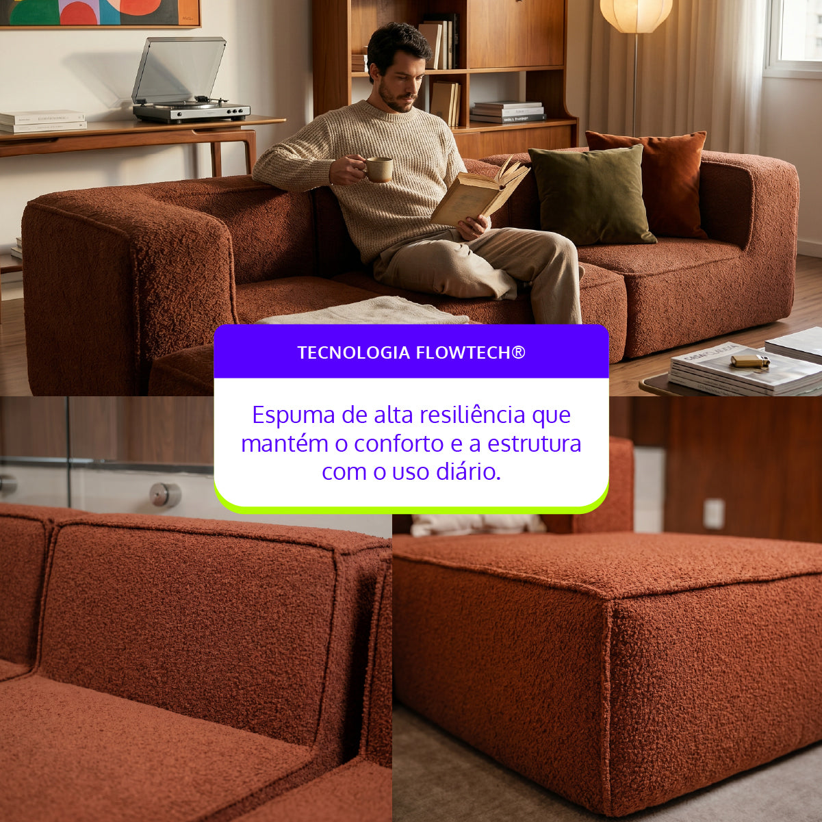 Sofá Modular Flow 3 Lugares 2 Cantos com 1 Apoio de Pé em Boucle Plus Terracota