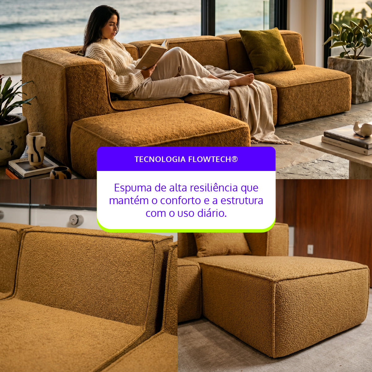 Sofá Modular Flow 3 Lugares 1 Canto com 1 Apoio de Pé em Boucle Plus Mostarda