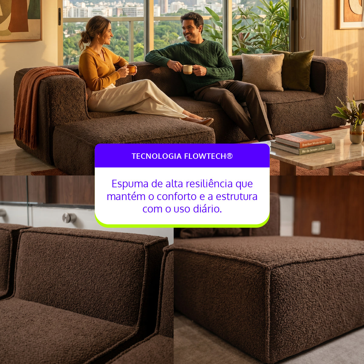 Sofá Modular Flow 3 Lugares 2 Cantos com 1 Apoio de Pé em Boucle Plus Marrom