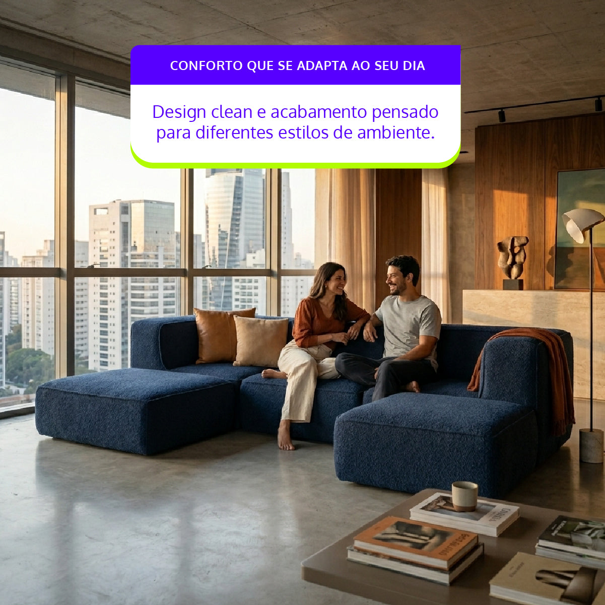 Sofá Modular Flow 3 Lugares 2 Cantos com 2 Apoios de Pé em Boucle Azul Marinho