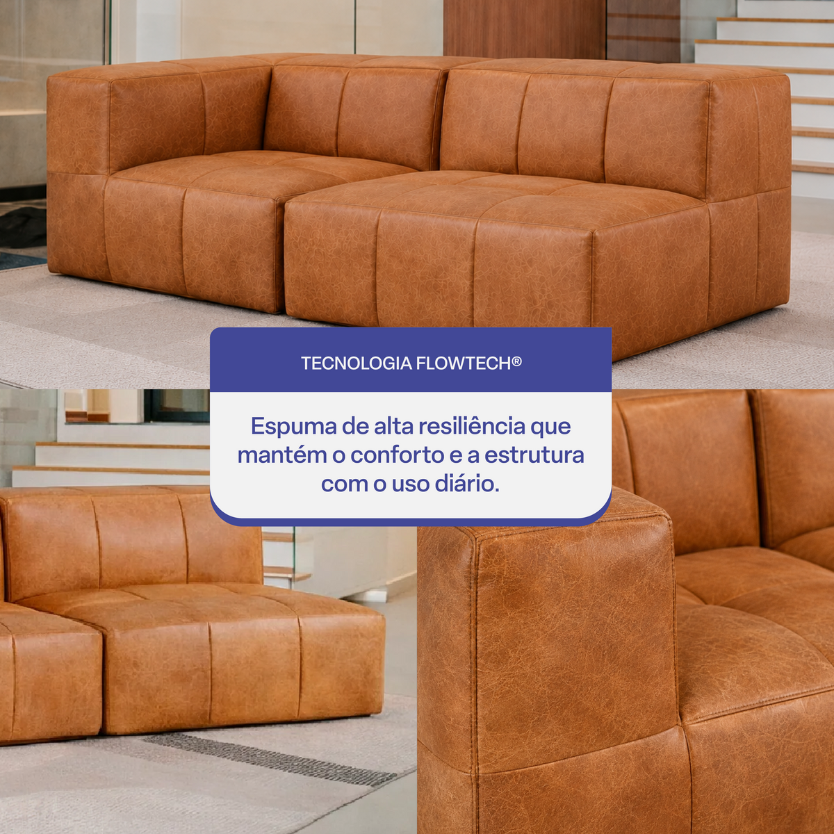 Sofá Modular 2 Lugares 1 Canto em Poli-Couro Marrom