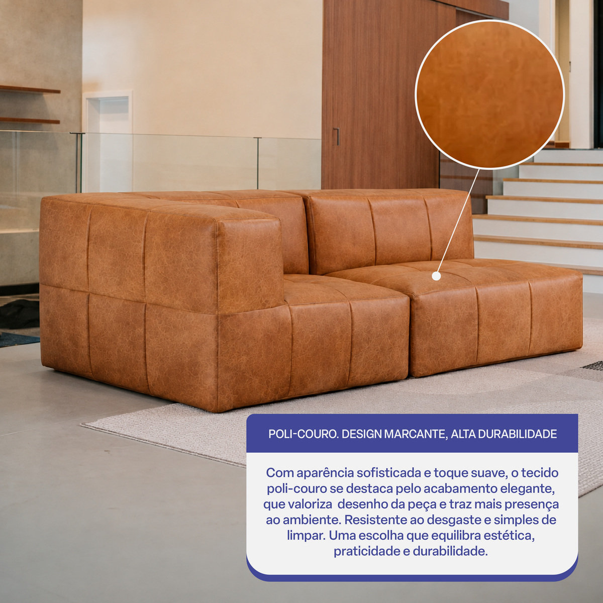 Sofá Modular 2 Lugares 1 Canto em Poli-Couro Marrom