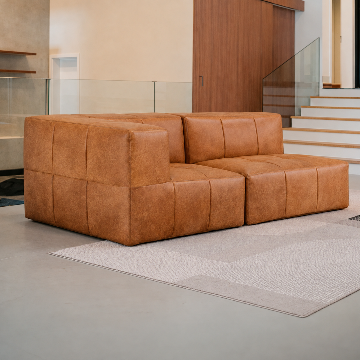 Sofá Modular 2 Lugares 1 Canto em Poli-Couro Marrom