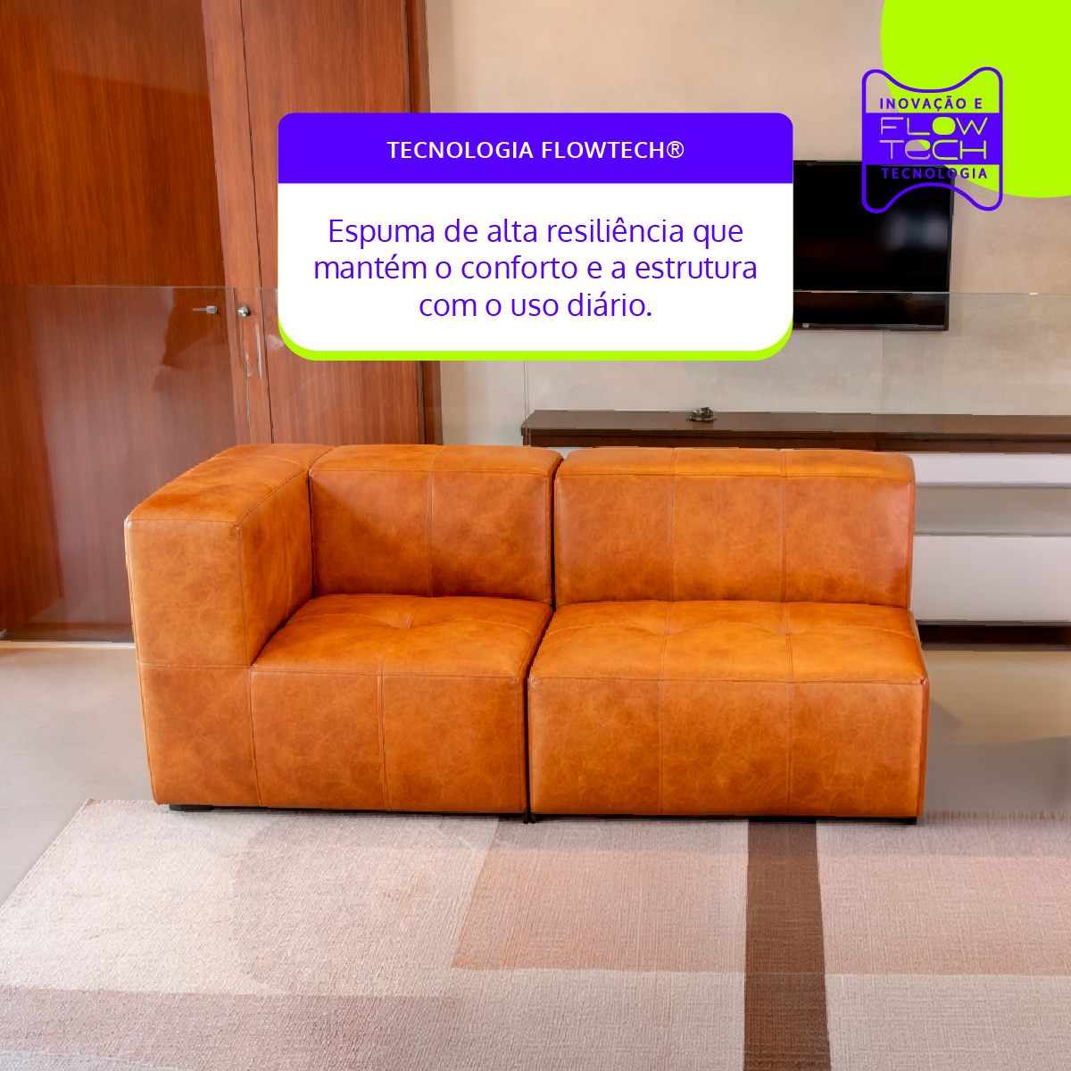 Sofá Modular 2 Lugares 1 Canto em Poli-Couro Marrom