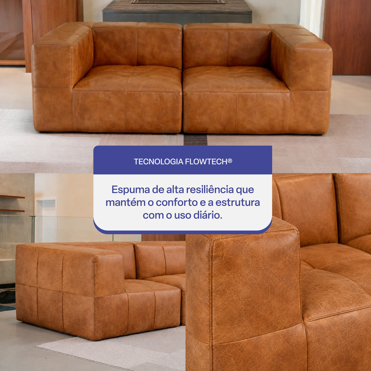 Sofá Modular 2 Lugares 2 Cantos em Poli-Couro Marrom