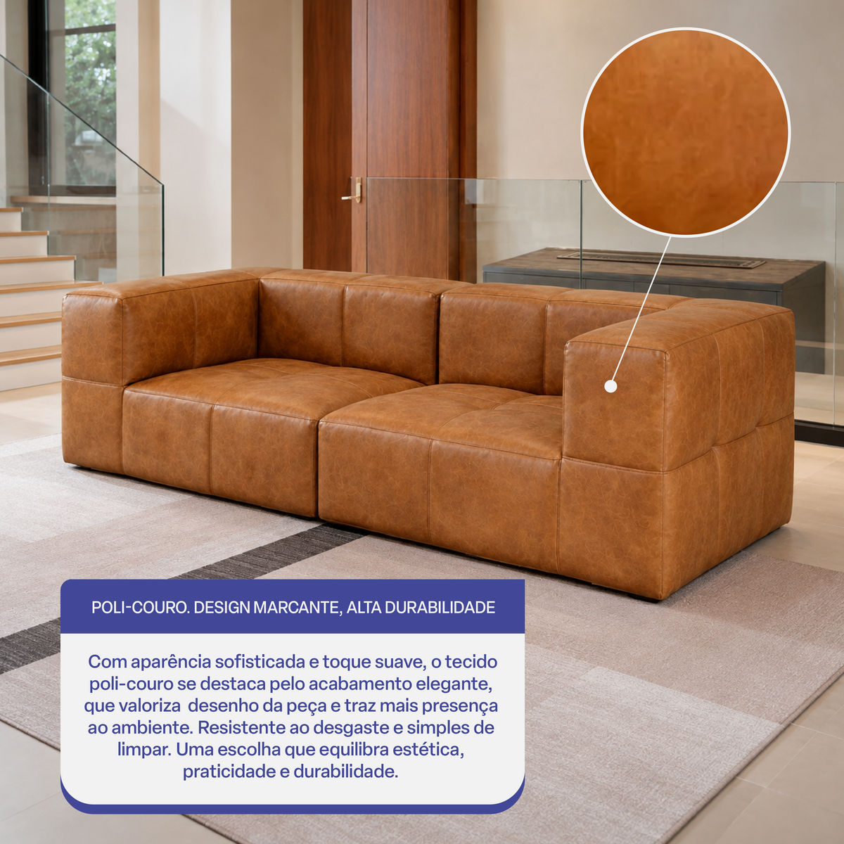 Sofá Modular 2 Lugares 2 Cantos em Poli-Couro Marrom