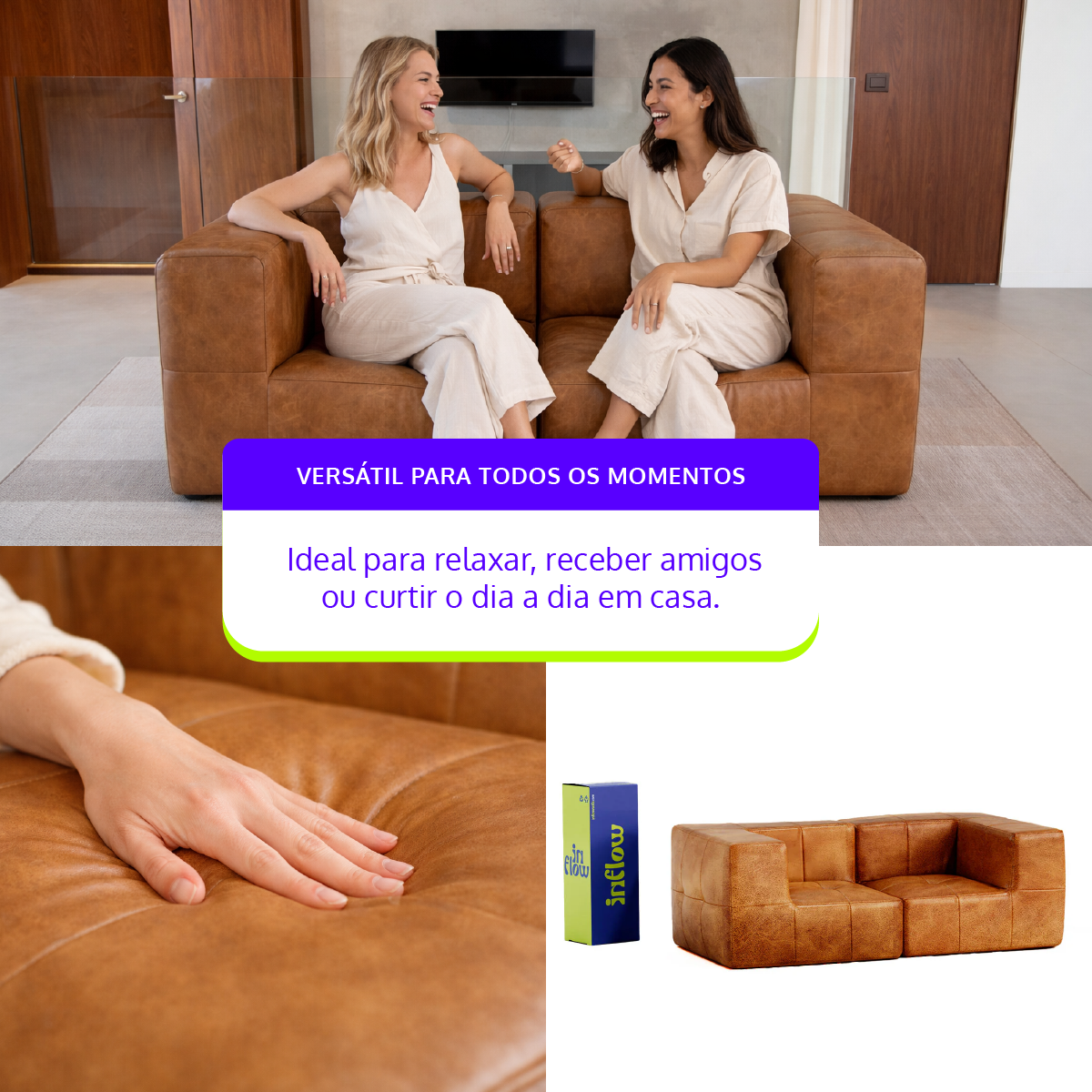 Sofá Modular 2 Lugares 2 Cantos em Poli-Couro Marrom