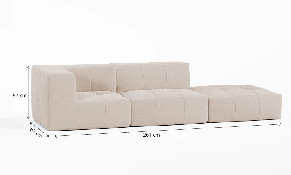 Sofá Modular 2 Lugares 1 Canto com 1 Apoio de Pé em Boucle Bege