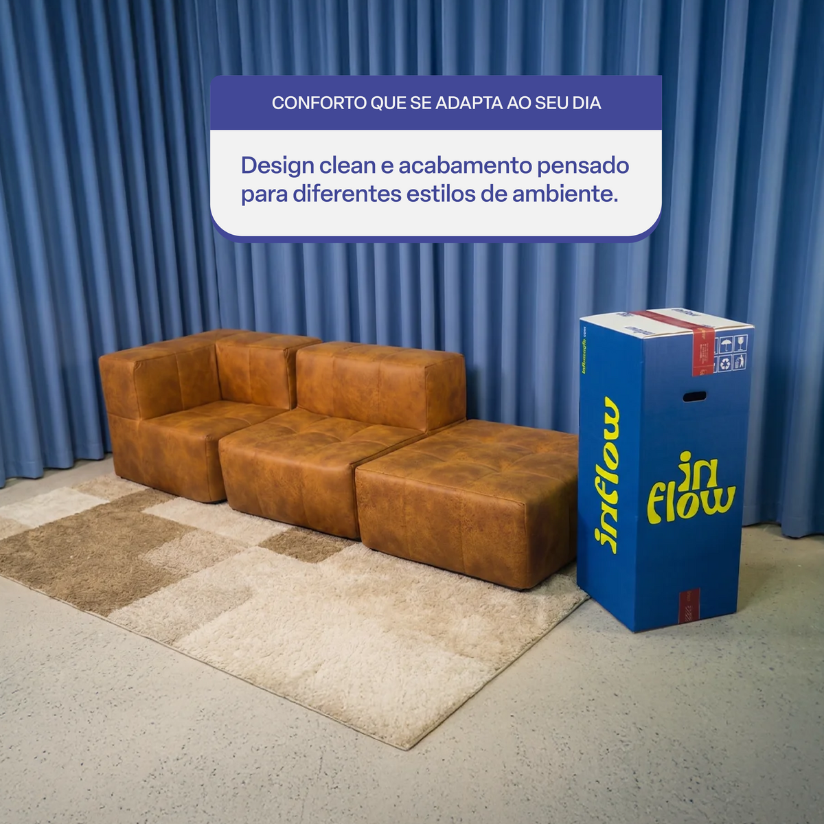 Sofá Modular 2 Lugares 1 Canto com 1 Apoio de Pé em Poli-Couro Marrom