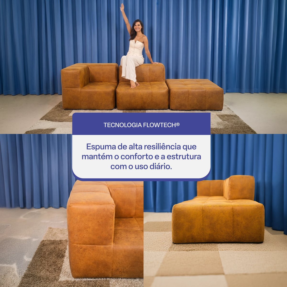 Sofá Modular 2 Lugares 1 Canto com 1 Apoio de Pé em Poli-Couro Marrom