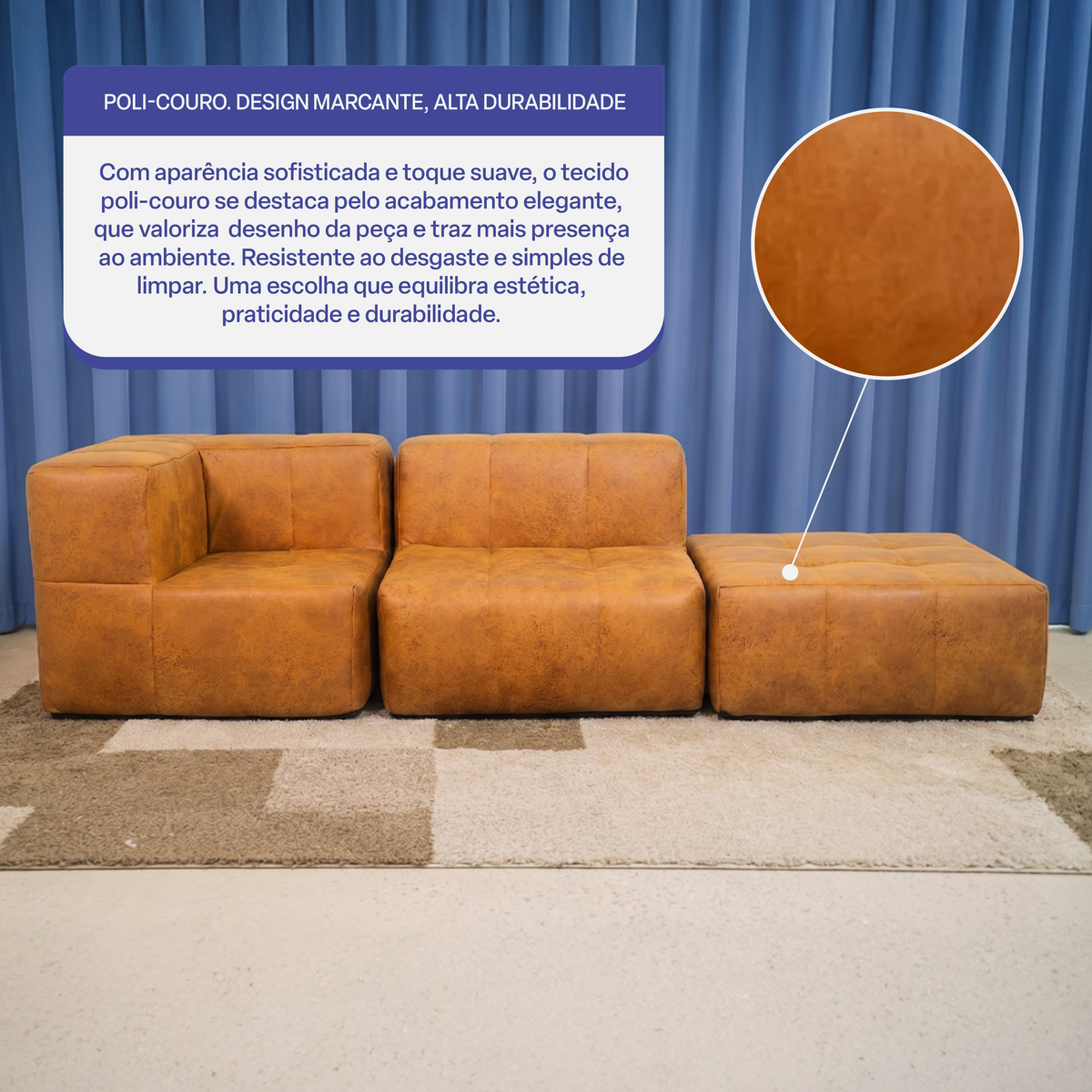 Sofá Modular 2 Lugares 1 Canto com 1 Apoio de Pé em Poli-Couro Marrom