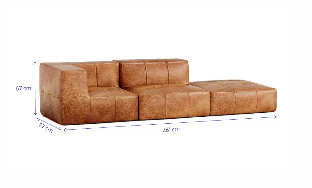 Sofá Modular 2 Lugares 1 Canto com 1 Apoio de Pé em Poli-Couro Marrom