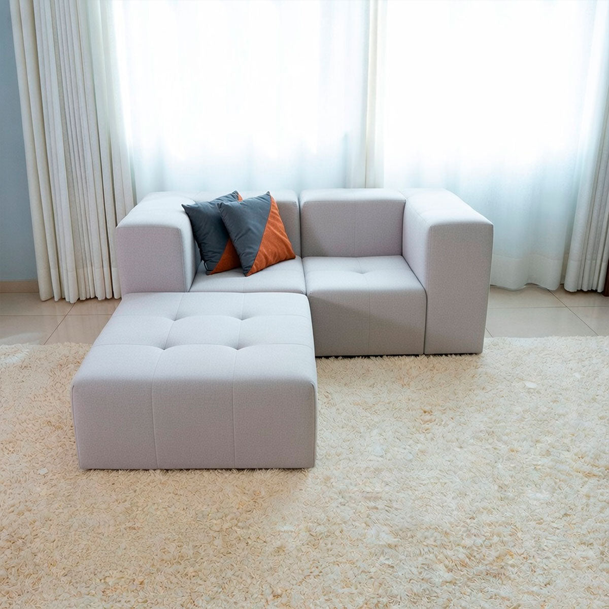 Sofá Modular Boucle Cinza - 2 Lugares - 2 Cantos com Apoio de Pé