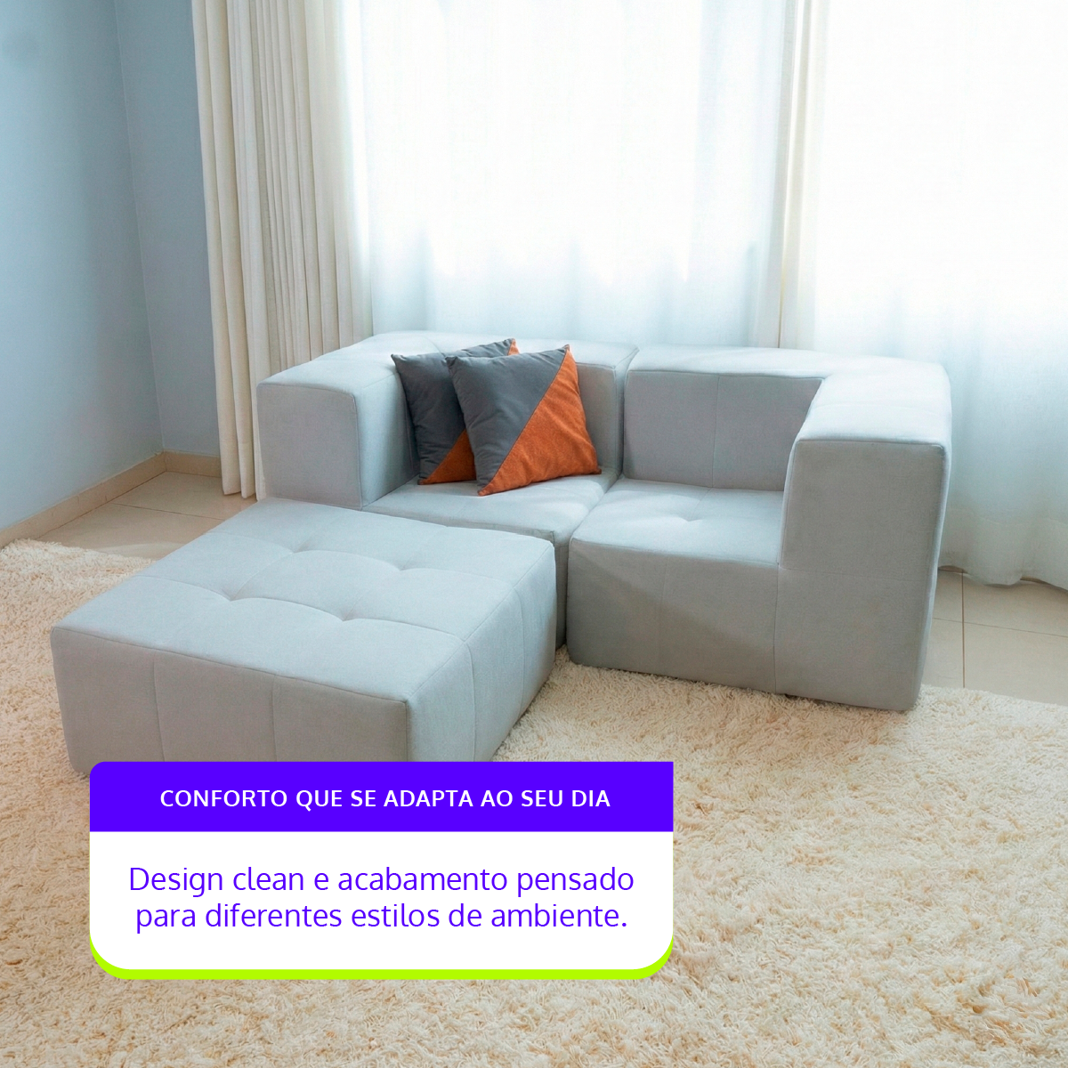 Sofá Modular 2 Lugares 2 Cantos com 1 Apoio de Pé em Boucle Cinza