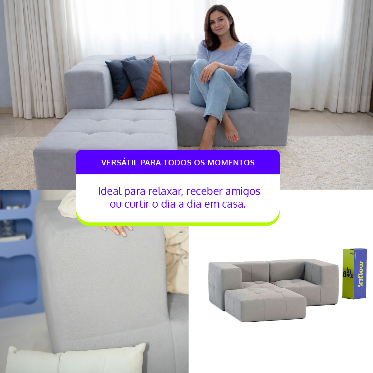 Sofá Modular 2 Lugares 2 Cantos com 1 Apoio de Pé em Boucle Cinza