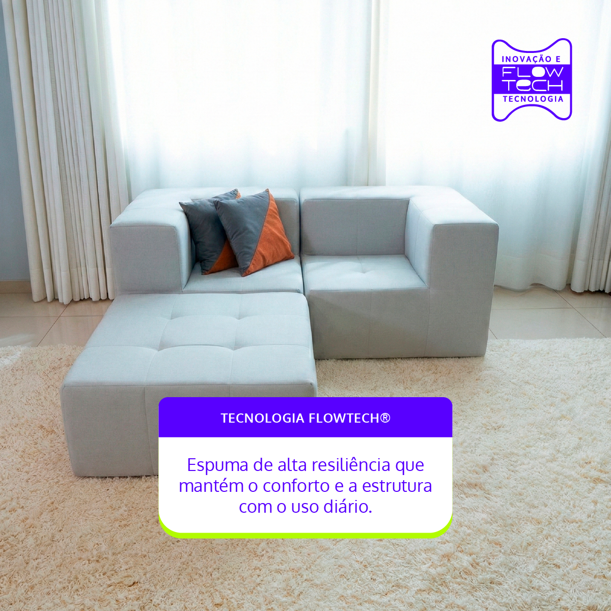 Sofá Modular 2 Lugares 2 Cantos com 1 Apoio de Pé em Boucle Cinza