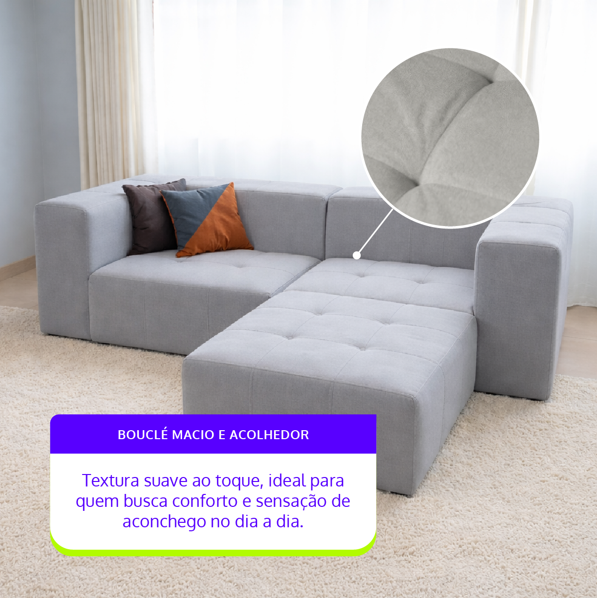 Sofá Modular 2 Lugares 2 Cantos com 1 Apoio de Pé em Boucle Cinza