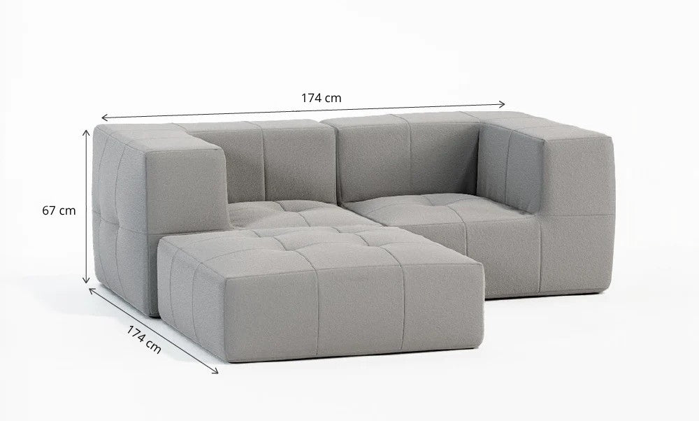Sofá Modular 2 Lugares 2 Cantos com 1 Apoio de Pé em Boucle Cinza