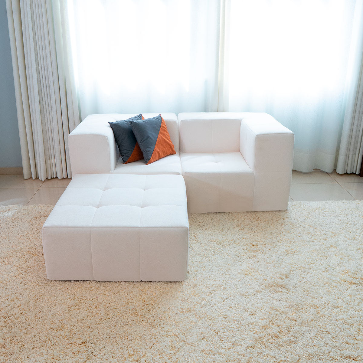 Sofá Modular 2 Lugares 2 Cantos com 1 Apoio de Pé em Boucle Bege