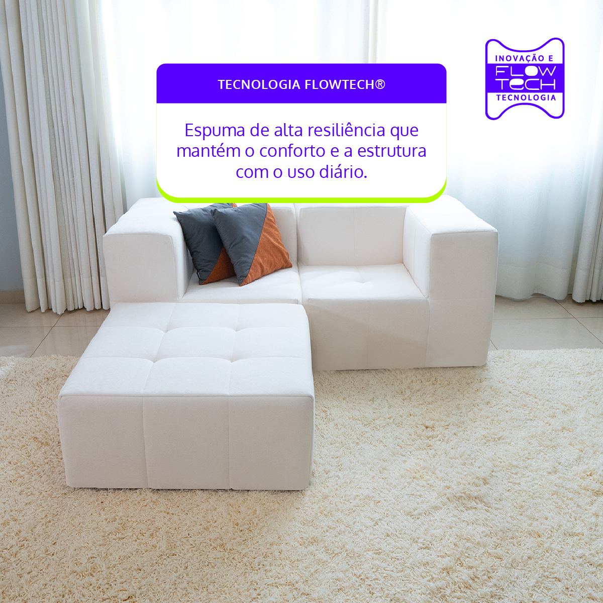 Sofá Modular 2 Lugares 2 Cantos com 1 Apoio de Pé em Boucle Bege