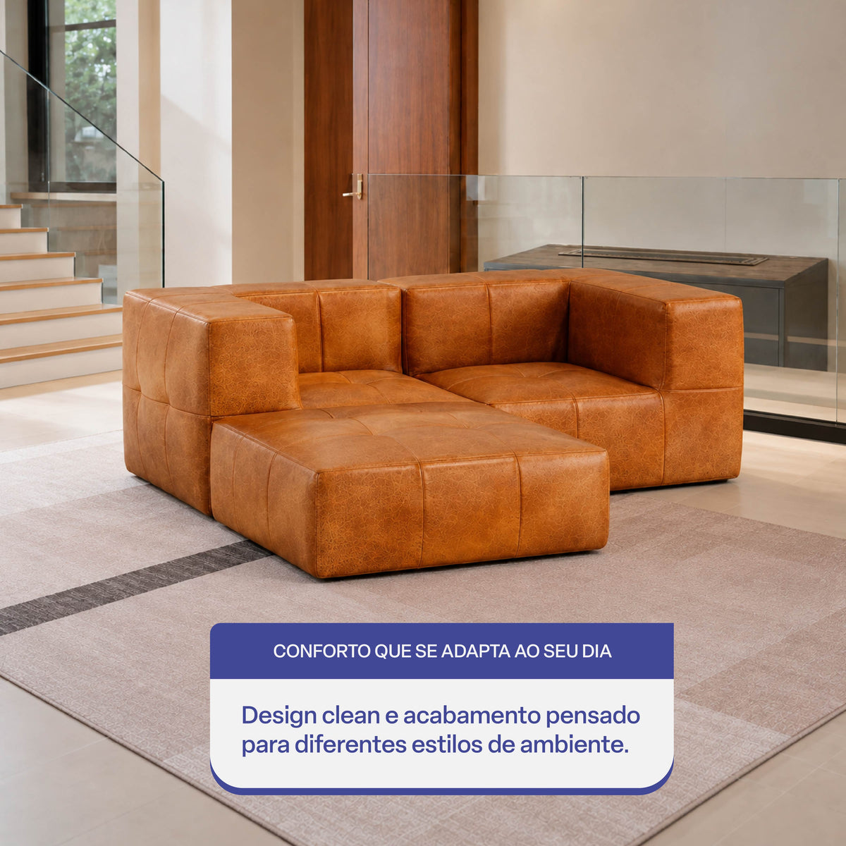Sofá Modular 2 Lugares 2 Cantos com 1 Apoio de Pé em Poli-Couro Marrom