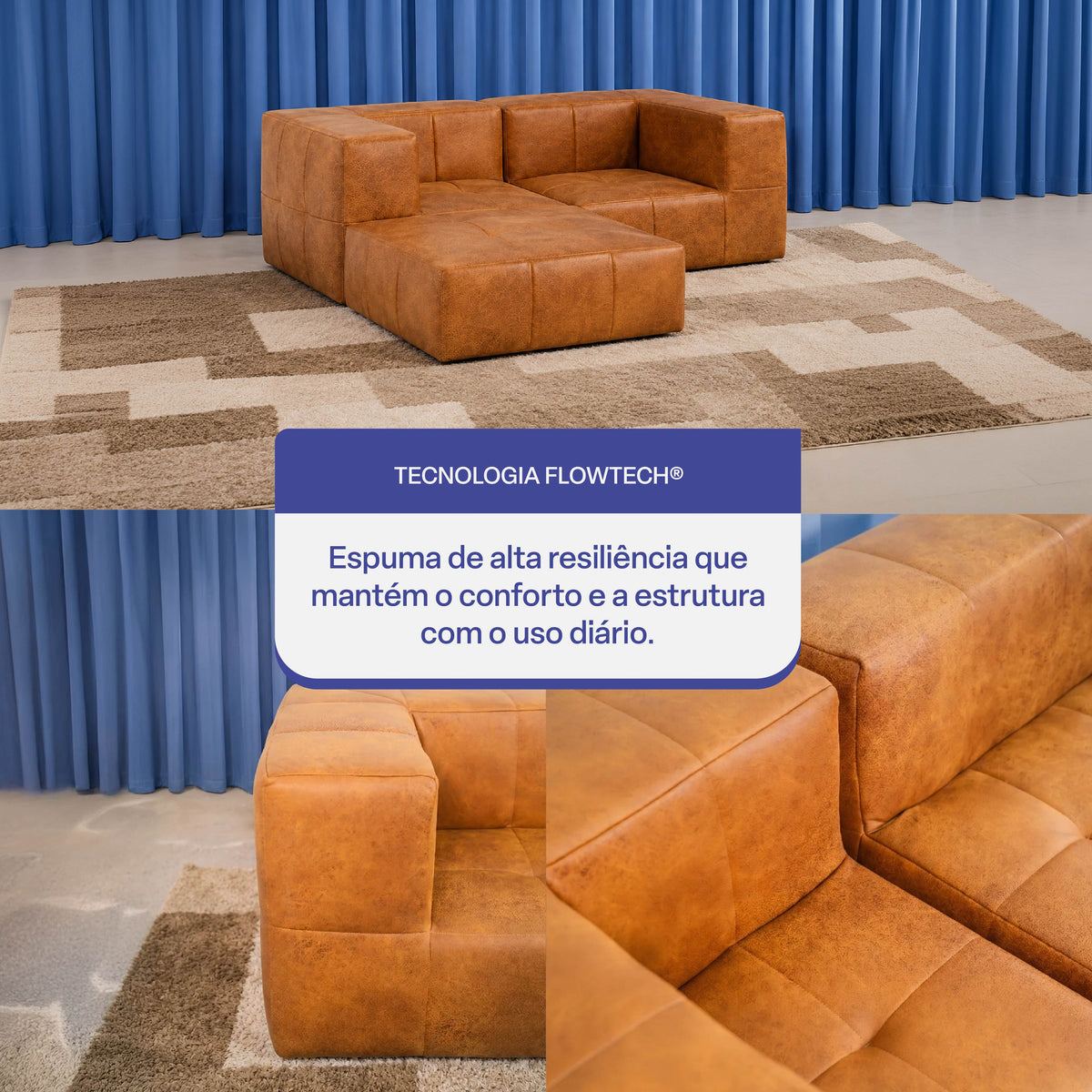 Sofá Modular 2 Lugares 2 Cantos com 1 Apoio de Pé em Poli-Couro Marrom