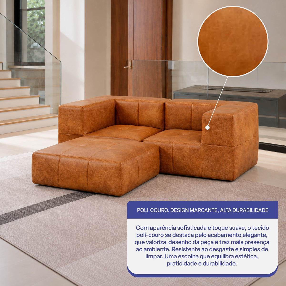 Sofá Modular 2 Lugares 2 Cantos com 1 Apoio de Pé em Poli-Couro Marrom
