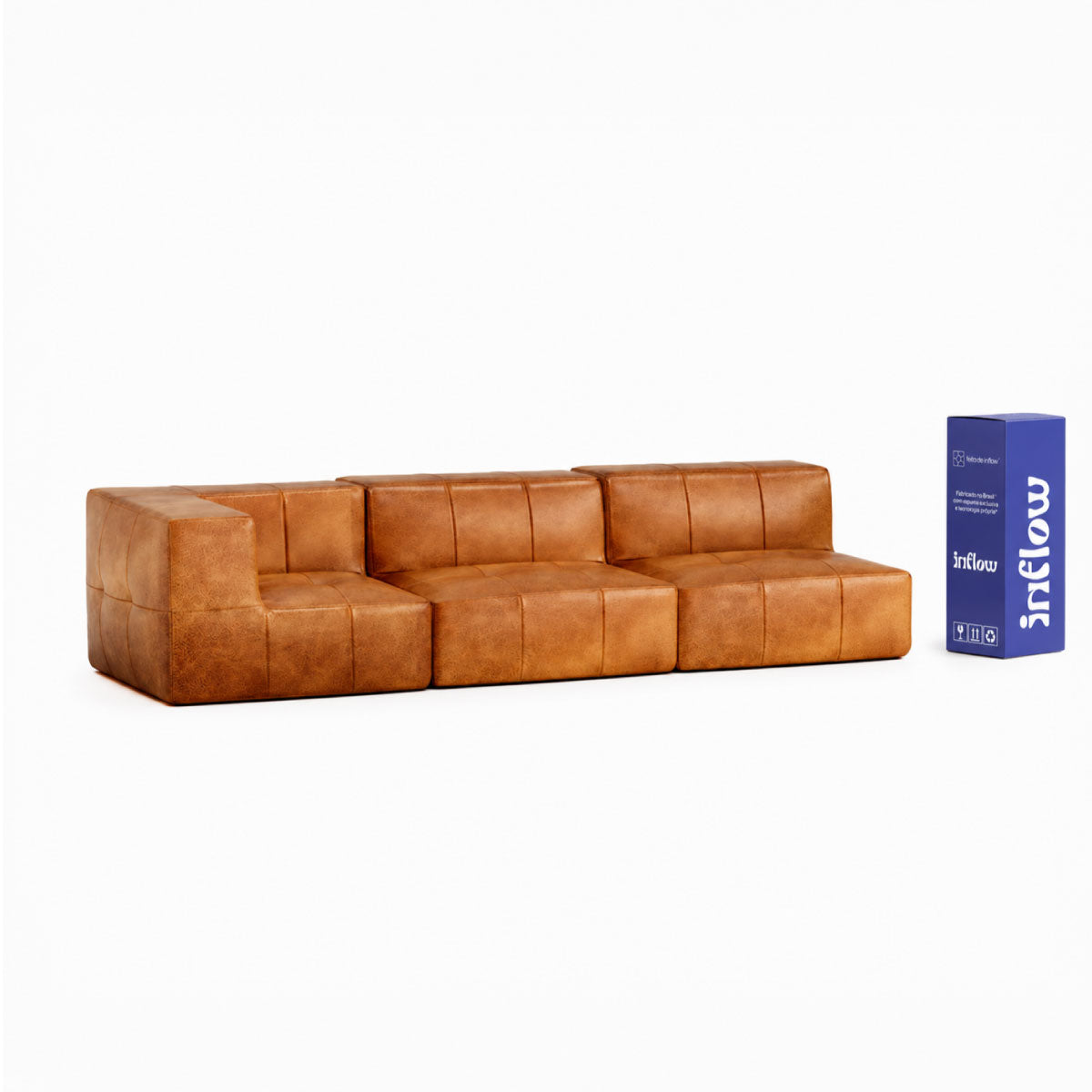 Sofá Modular 3 Lugares 1 Canto em Poli-Couro Marrom