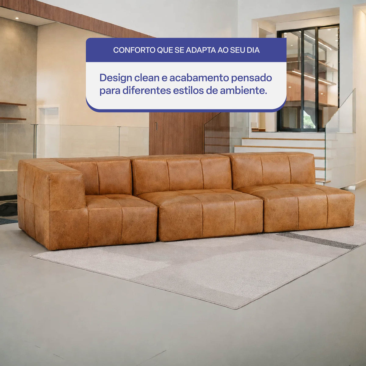 Sofá Modular 3 Lugares 1 Canto em Poli-Couro Marrom