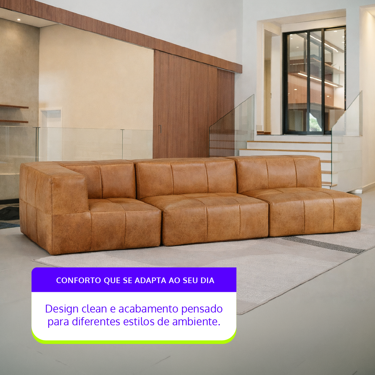 Sofá Modular 3 Lugares 1 Canto em Poli-Couro Marrom
